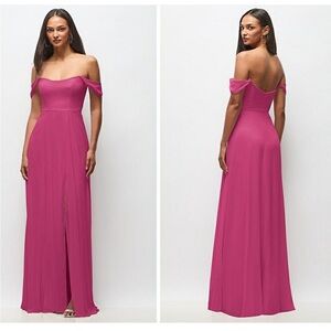 After Six Off Shoulder Basque Neck Chiffon Front Slit Flounce Sleeve Maxi Dress